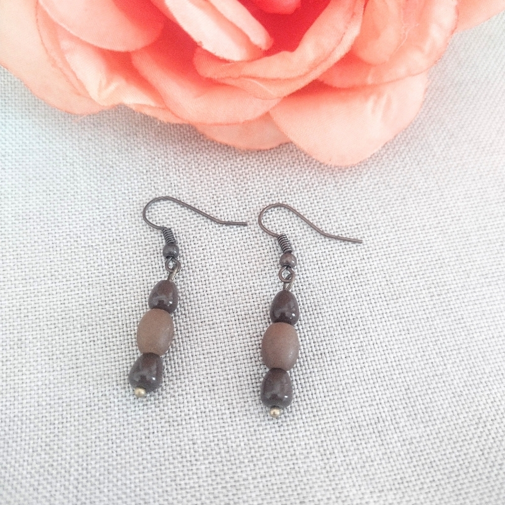 Teardrop Shaped Brown Beaded Dangle Earrings